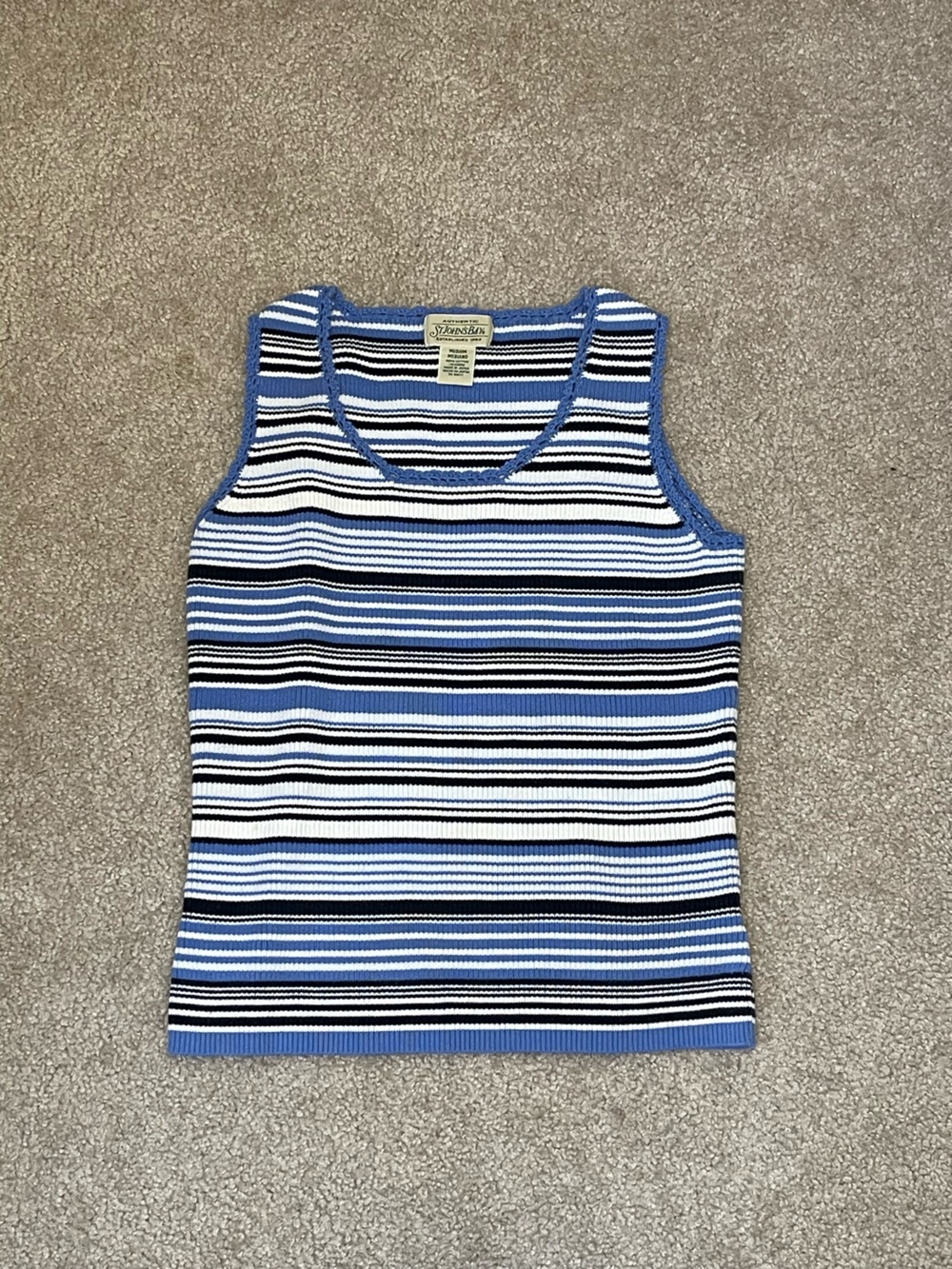 Vintage St. John's Bay Blue, Black & White Striped Ribbed Tank